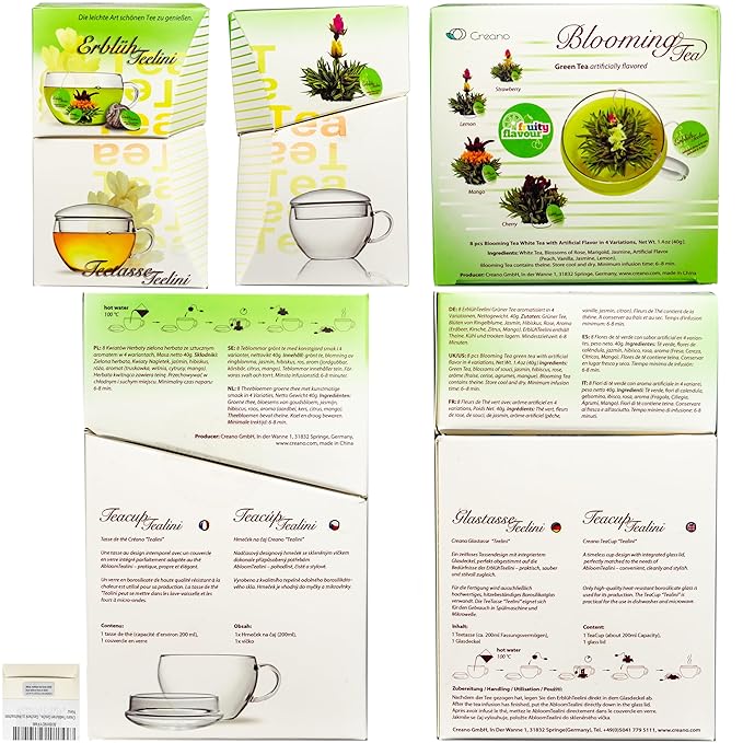 Creano Bloomning Tea Gift Set with Tea-Glass 7oz and 8 Tea-Flowers in Cup Size - Green Tea - Gift for Women Mother Tealovers