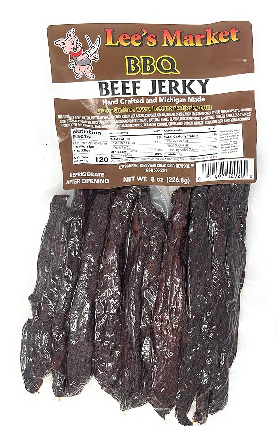 Lee's Market BBQ Beef Jerky - Soft &amp Tender - Healthy Low Carb Gluten-Free Snack - Paleo &amp Keto-Friendly - Michigan Made Handcrafted Jerky - Specialty Gourmet Meat Snacks - 8oz