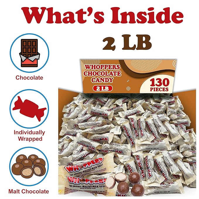 Whoopers Malted Milk Chocolate Candy Balls 2 Lbs Bulk Individually Wrapped Fun Size Packs 3 Balls Per Pack Original Malted Milk Balls Chocolate Candy Classic Treat for Office Snack and Movies Ap