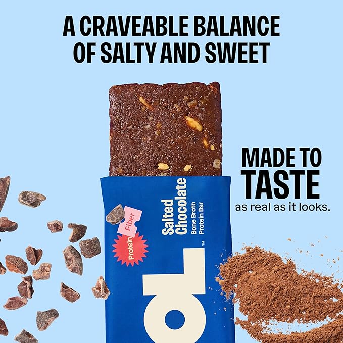 HOL Bone Broth Protein Bars - Salted Chocolate - 20g Whole-Food Protein - Natural Energy Snack Made with Real Ingredients - Gluten-Free No Artificial Additives - Great On-the-Go Fuel - 12 Pack