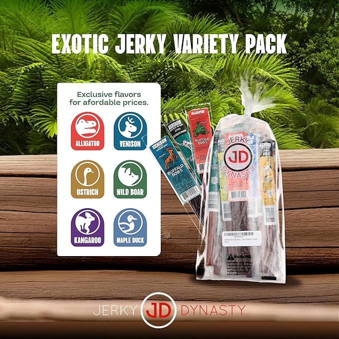 Buffalo Bob's Exotic Jerky Set- Staff Favorite 20 Piece Assortment: Alligator Buffalo Venison Wild Boar Duck Elk - BBQ Cajun Peppered Teriyaki