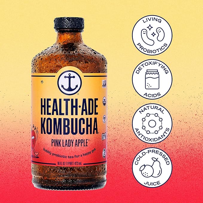 Health-Ade Kombucha Tea Organic Drink Fermented Tea with Living Probiotics Detoxifying Acids Supports Gut Health Non-GMO Vegan Gluten Free 6 Pack (16 Fl Oz Bottles) Pink Lady Apple