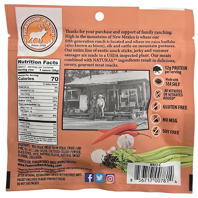 Pearson Ranch Wild Grass Fed Game Variety Pack of 4-2.1oz Bags - Venison Elk Buffalo &amp Wild Boar - Gluten-Free MSG-Free Paleo and Keto Friendly