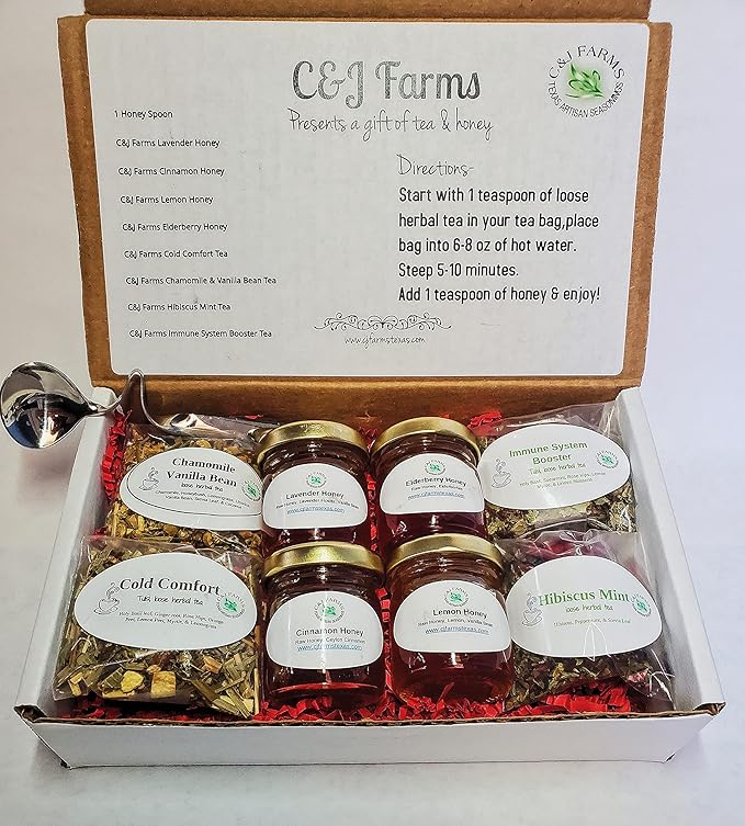 C&ampJ Farms Texas Gourmet Artisan Seasonings A Gift of Tea and Honey Gift Set- 9 Piece Variety Sampler Box- Includes Stir Spoon and Sampling of Loose Leaf Tisanes &amp Infused Honey- Local Natural