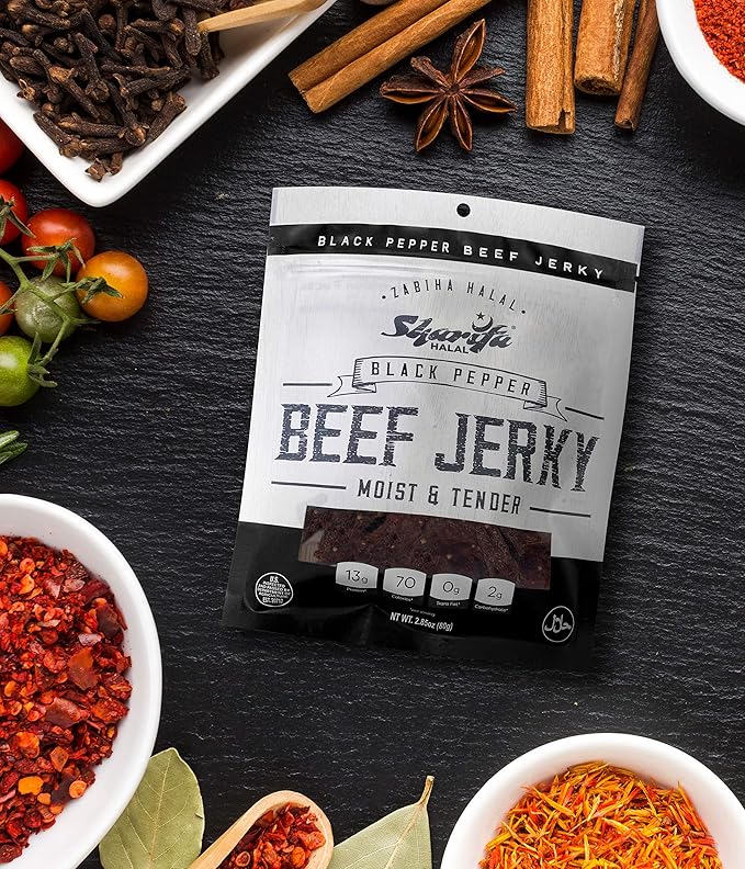 Sharifa Halal Beef Jerky Black Pepper(5 Pack) Each Bag 2.85 oz – Great Everyday Halal Jerky Beef Meat Snack 100 % Real Zabiha Halal Beef 13g of Protein 70 Calories 0g Trans Fat &amp 2g of Carb