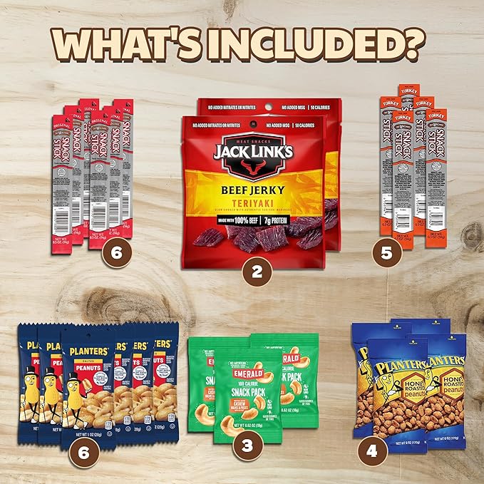 Jerky &amp Nuts Variety Pack (26 Count) – Beef Jerky Beef Sticks Turkey Sticks Cashews Honey Roasted Peanuts Salted Peanuts | Individual Meat &amp Nuts Packs for Adults Kids Office School o