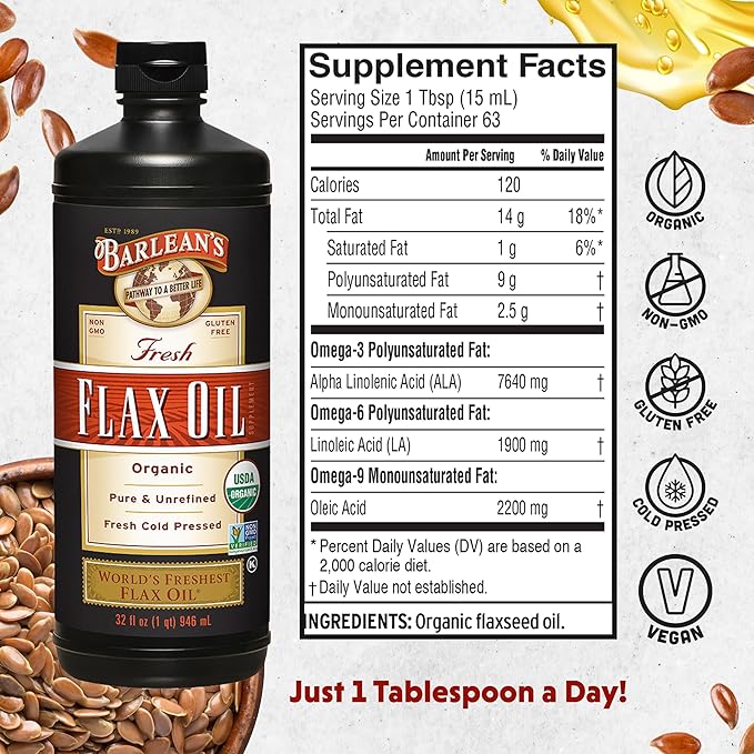 Barlean's Organic Flaxseed Oil Liquid Supplement Cold Pressed 7640mg ALA Omega-3 per Tbsp Vegan and Gluten Free 32 oz