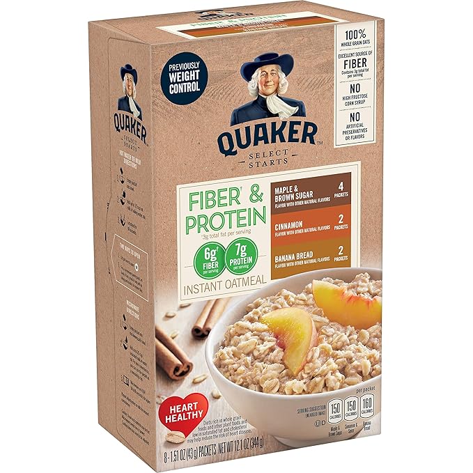 Quaker Instant Oatmeal Fiber &amp Protein 3 Flavor Variety Pack Individual Packets 8 Count (Pack of 4)