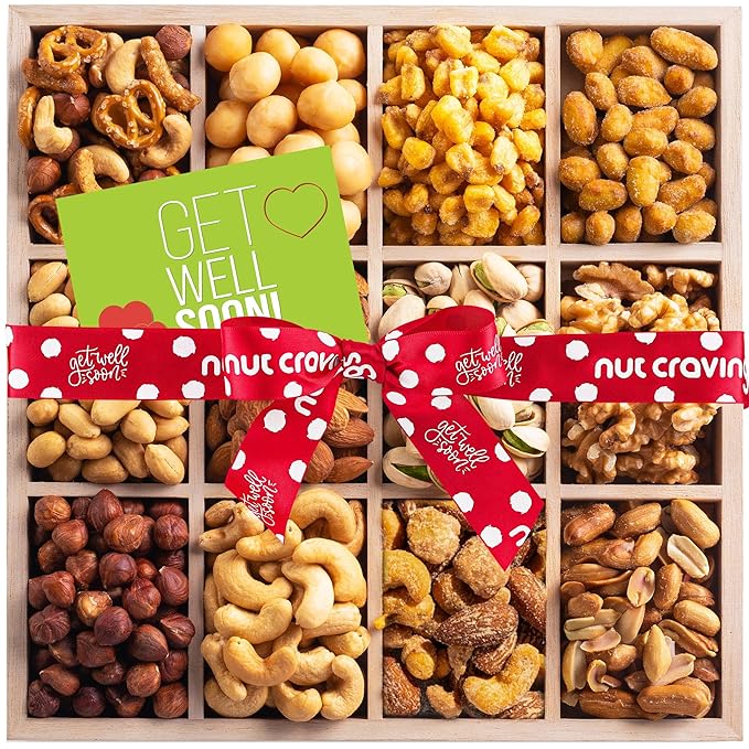 NUT CRAVINGS Gourmet Collection - Get Well Soon Nuts Gift Basket with Get Well Soon Ribbon in Reusable Wooden Tray (12 Assortments) Food Arrangement Healthy Snack Care Package Food Assortments