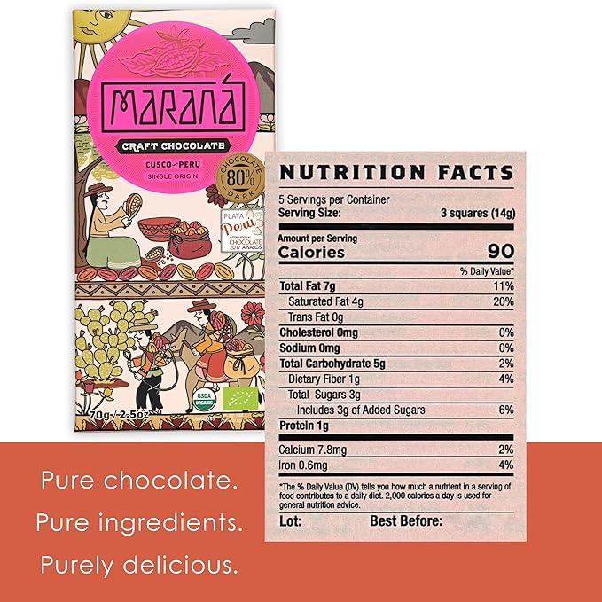 Maraná Chocolate Cusco 80% Dark Chocolate 3 Pack - Peruvian Chocolate - Premium Bean-to-Bar Direct Sourced Made at Origin Single Origin Woman Owned BIPOC Owned Organic Award Winning - Vegan S