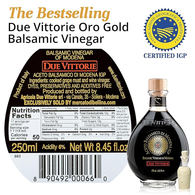 Due Vittorie Oro Gold Barrel Aged Balsamic Vinegar of Modena IGP All-Natural Extra Dense Premium Vinegar Aceto Balsamico di Modena IGP Italy - 8.45fl oz / 250ml - Pack of 2