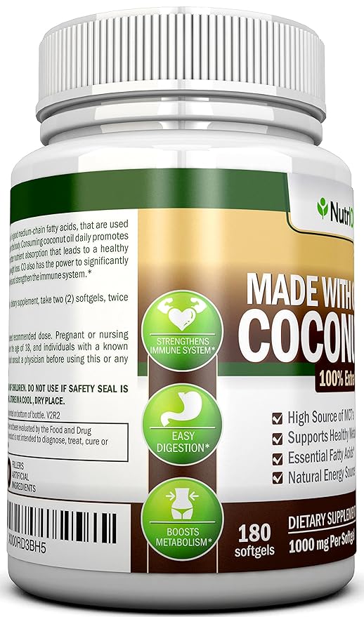 ORGANIC COCONUT OIL Capsules - 180 Softgels - 4000 MG Daily - Cold-Pressed Extra Virgin Coconut Oil - Certified USDA Organic - Great For Hair Skin And Acne