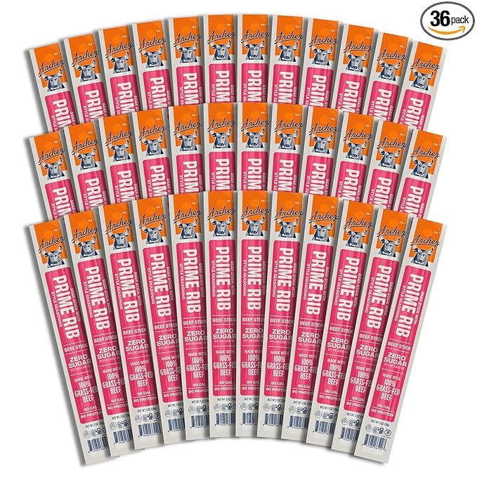 Archer Jerky Prime Rib Style Beef Jerky Sticks - Grass Fed Beef Individually Wrapped Protein Snack Packs Bulk Gluten Free Paleo Keto - 1 oz Meat Sticks (Pack of 36)