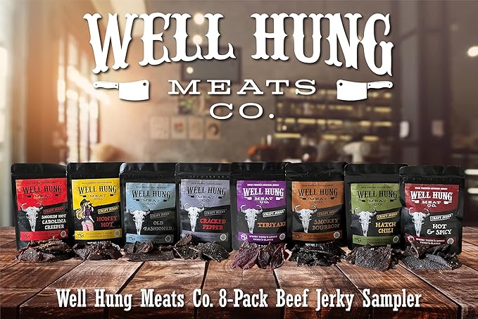 Well Hung Meats 8-Pack Sampler Craft Beef Jerky 8x2oz Resealable Bags