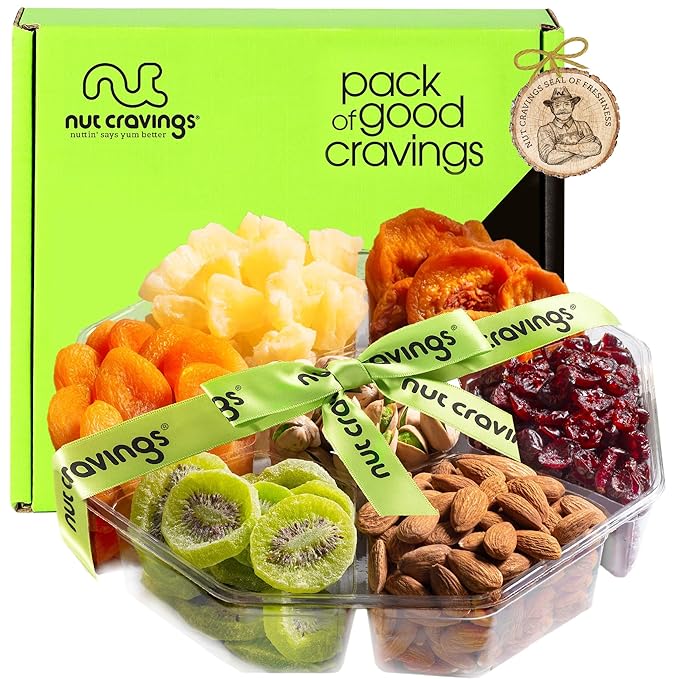 NUT CRAVINGS - Dried Fruit &amp Mixed Nuts Gift Basket + Green Ribbon (7 Assortments 2 LB) Ramadan Gifts Food Arrangement Healthy Snack Care Package