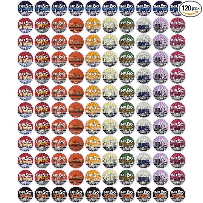 InfuSio Flavored Coffee Pods Variety Pack - 120 Count Flavored Medium Roast 12 Curated Blends Inspired by Classic Cocktails Compatible with Keurig K cups 2.0 Brewer