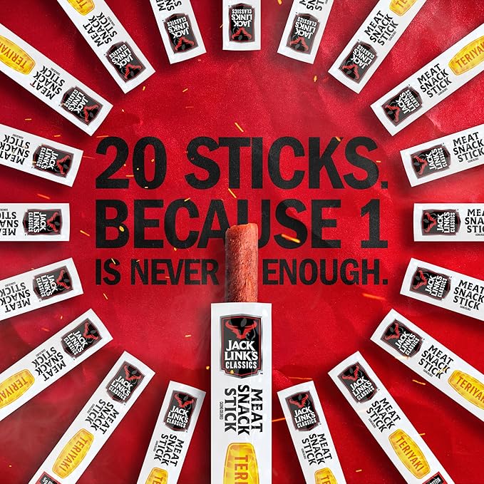 Jack Link's Classics Meat Sticks Teriyaki - Protein Snack Meat Snack Sticks with 5g of Protein Made with Beef &amp Pork Keto Friendly Individually Wrapped - 0.8 Oz. (Pack of 20)