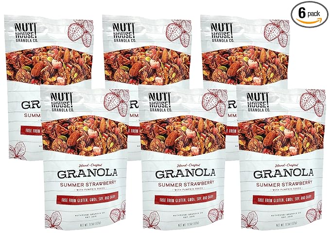 NutHouse! Granola Company - Premium Summer Strawberry Granola | Certified Gluten-Free Non-GMO Kosher | Vegan Soy-Free | 11.5 oz. Bag (6-Pack)