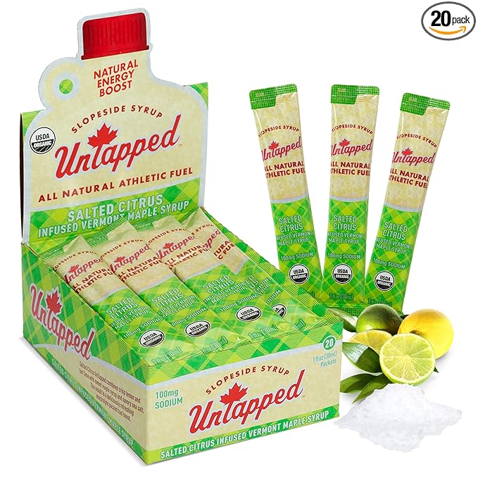 UnTapped Salted Citrus Infused Vermont Maple Syrup Packets for Athletes Box of 20 - 1 fl oz | Pure Maple Syrup with Refreshing Citrus Flavor and Sea Salt for Endurance Energy | Fuel to Keep You Runni
