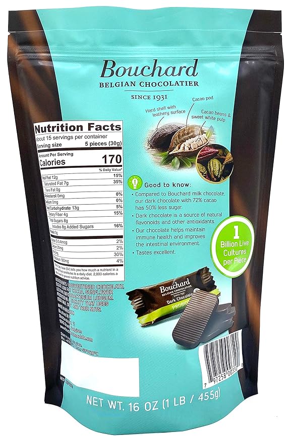 Bouchard Probiotic Chocolate - Belgian Dark 72% Cacao - 20% Larger Pieces (6g)…