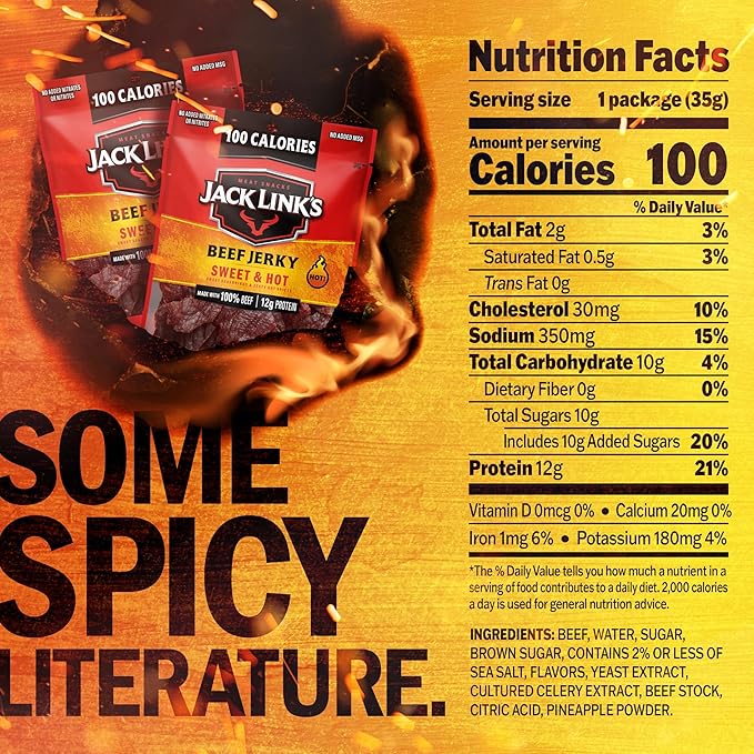 Jack Link's Sweet &amp Hot Beef Jerky - (10 Pack) 1.25 oz Bag - Ready to Eat Protein Snacks - 12g Protein per Serving - Made with 100% Real Beef