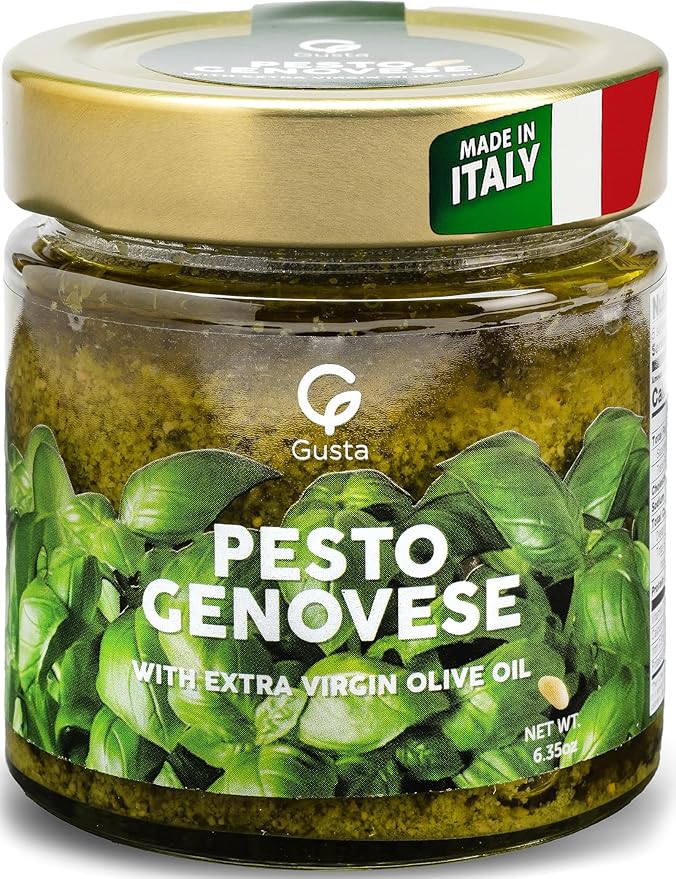 Imported Italian Fresh Basil Pesto Sauce - Extra Creamy - Extra Virgin Olive Oil Cheese &amp Nuts - Delicious &amp Authentic Pasta Sauce and Spread - Home Made Style - 6.35 oz Glass Jar