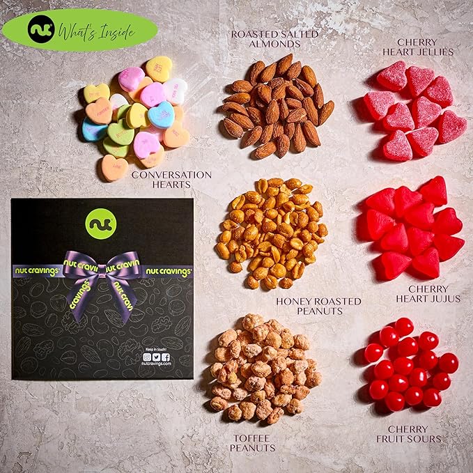 NUT CRAVINGS - Easter Mixed Nuts &amp Heart Candy Gift Basket in Red Gold Box (7 Assortments 1 LB) Ramadan Gifts Saint Patrick's Treats for Adults Food Arrangement Healthy Snack Care Package Kos