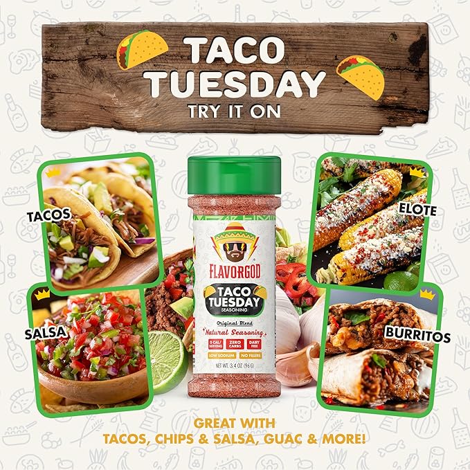 Flavor God 2 Bottles Taco Tuesday Seasoning Mix Natural Healthy Spice Blend For Grilling Chicken Beef Seafood Vegetables Salad Tacos Pizza Kosher Gluten &amp Dairy Free Vegan Keto Friendly