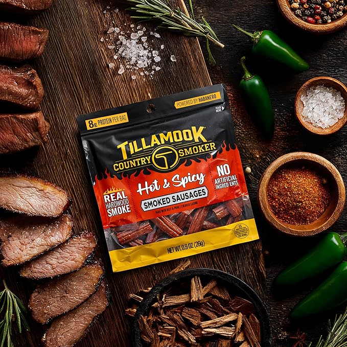Tillamook Country Smoker Hot &amp Spicy Smoked Sausages 0.9 oz 24 Count Made with Beef &amp Pork Real Hardwood Smoked Protein-Packed Satisfying Taste On-the-Go Snacking