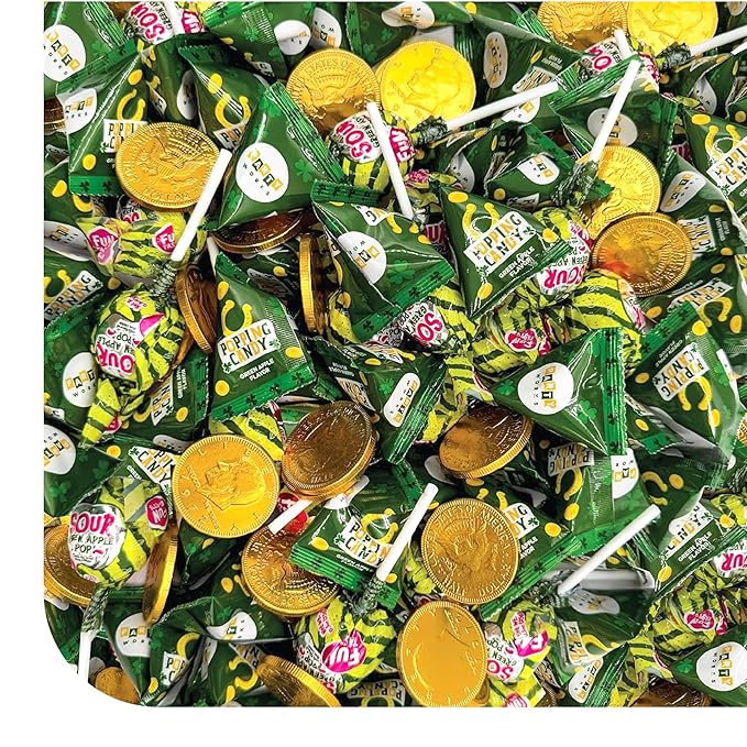 St Patrick's Day Candy Assortment - 3 Pound Bulk Pack - Milk Chocolate Gold Coins Sour Apple Popping Rocks and Gum Filled Lollipops - Individually Wrapped Party Favors