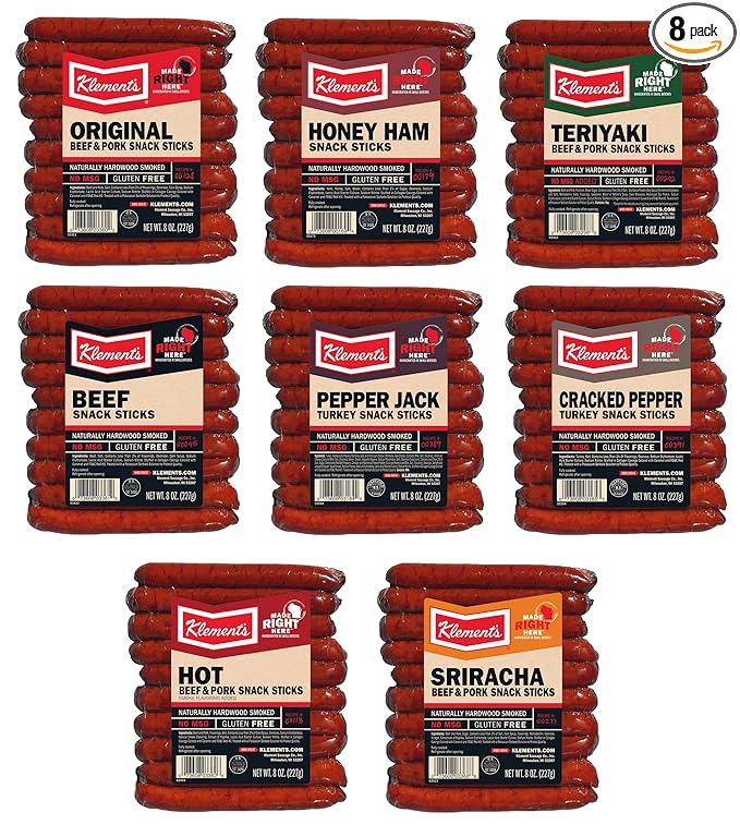 Klement's 8oz Snack Sticks Variety Pack - One 7.2oz Package of Each Flavor (Original Honey Ham Teriyaki Beef Pepper Jack Cracked Pepper Hot &amp Sriracha)