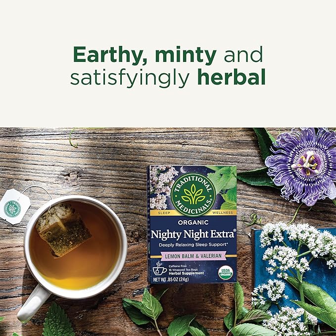 Traditional Medicinals Organic Nighty Night Extra Valerian Root &amp Lemon Balm - Herbal Sleep Aid Tea - Kosher Non-GMO Caffeine-Free Compostable - 96 Tea Bags (6 Packs of 16)