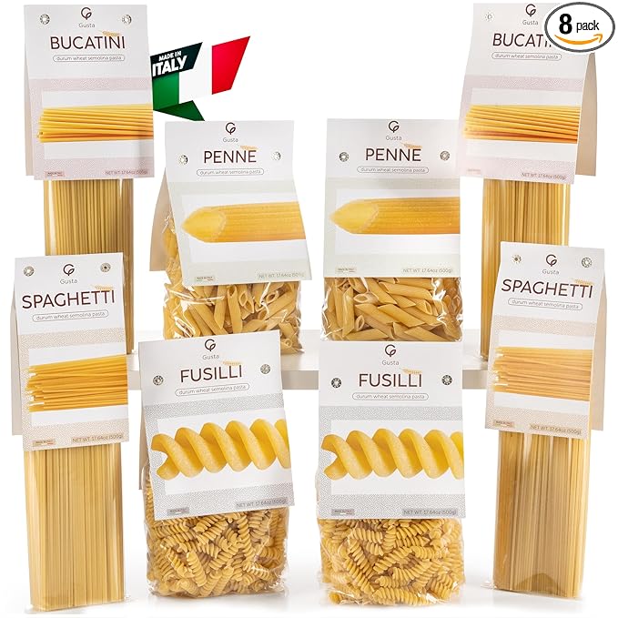Gusta Bucatini Pasta Noodles Variety Pack - Premium Italian Pasta from Italy - Durum Wheat Semolina - Slow Drying - Non-GMO &amp Gourmet - Family Owned Brand - 17.64oz / 500g (8 Pack)