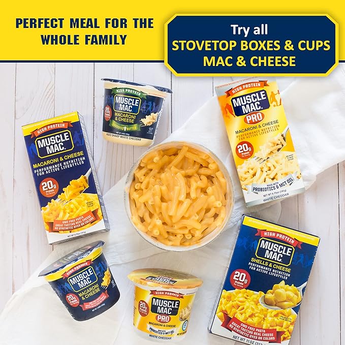 Muscle Mac Macaroni and Cheese Dinner with Real Cheese Microwaveable 20g of protein 3.6 oz per cup (Pack of 12)
