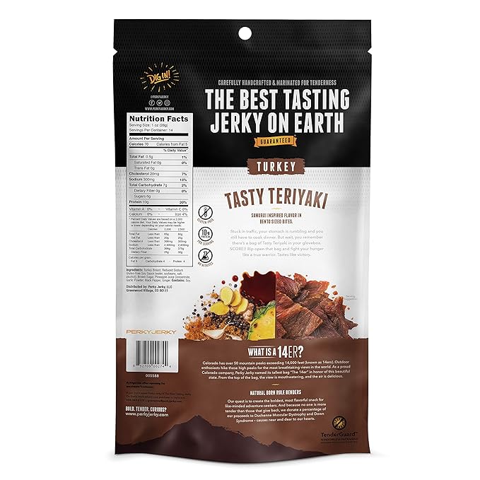 Perky Jerky Tasty Teriyaki Turkey Jerky 14oz - Low Sodium - 10g Protein per Serving - Low Fat - 100% U.S. Sourced - Tender Texture and Bold Flavor