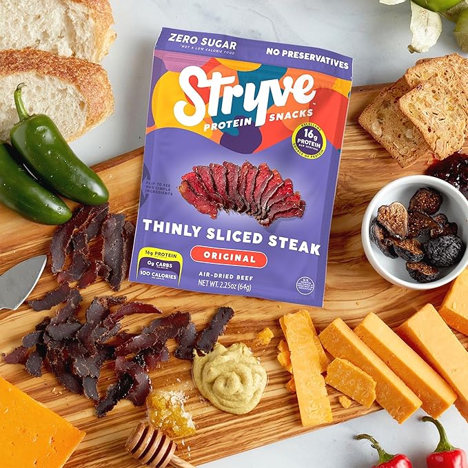 Stryve - Better Than Jerky Steak Snacks Protein Rich Beef Biltong | 36g Protein Sugar Free Carbs Free Gluten Free Dairy Free Keto &amp Paleo Friendly | Original Pack Of 4