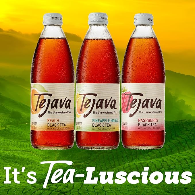 Tejava Black Tea Sampler 12 ounce (12-Pack) Glass Unsweetened Peach Raspberry and Pineapple-Mango Ready-to-Drink Premium Iced Tea