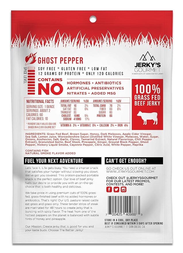 Ghost Pepper Spicy Hot Grass Fed Beef Jerky - 120 Calorie Snacks Gourmet Healthy Soy Free High Protein &amp Gluten Free (3 Packs)