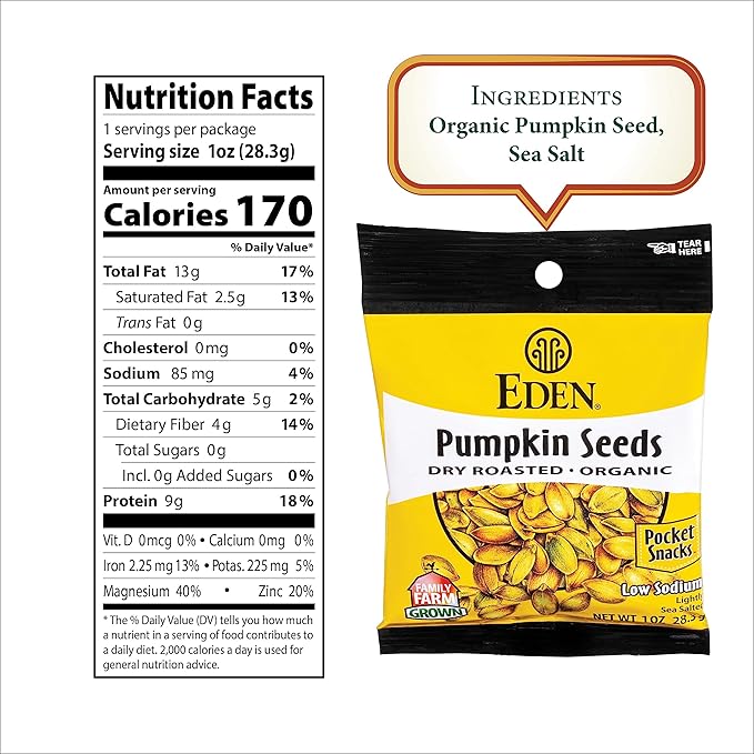 Eden Organic Pumpkin Seeds Pocket Snacks Dry Roasted Lightly Salted Hulled Pepitas 1 oz (24-Pack Case)