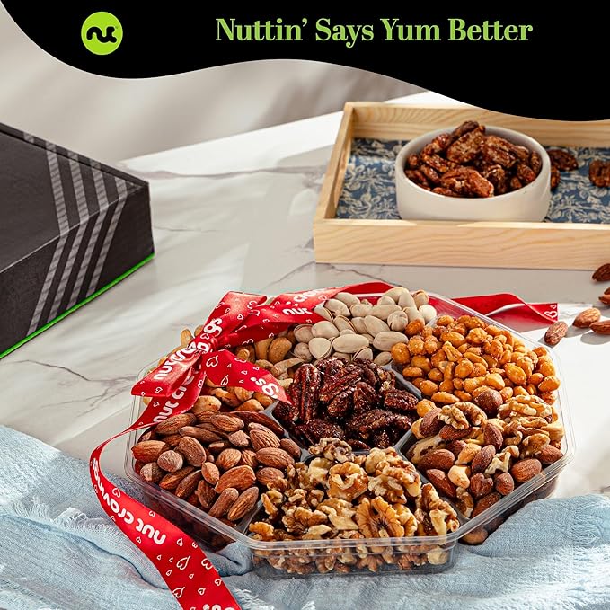 NUT CRAVINGS - Easter Mixed Nuts Gift Basket + Heart Ribbon (7 Assortments) Ramadan Gifts Saint Patrick's Day Treats for Adults Food Arrangement Healthy Snack Care Package Kosher