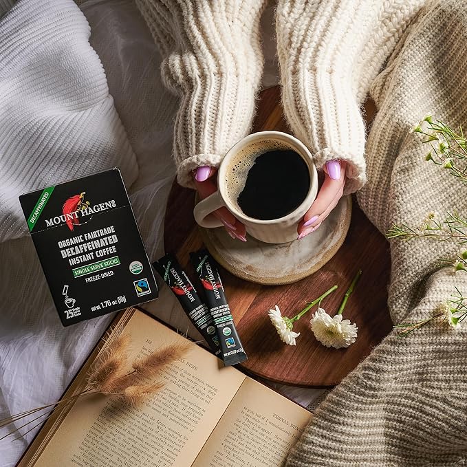 Mount Hagen 25 Count Single Serve Instant Decaf Coffee Packets - 8 pack | Decaffeinated Organic Medium Roast Arabica Beans | Eco-friendly Fair-Trade [8 x 25 sticks/1.76oz/50g] Pack of 8