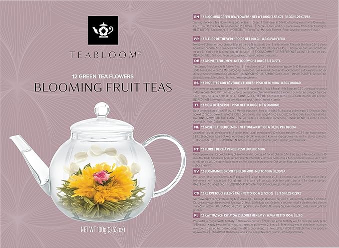Teabloom Fruit Blooming Teas – 12 Unique Flower Varieties of Tea in 12 Delicious Fruit Flavors – Each Flowering Tea Ball Steeps Up to 3 Times