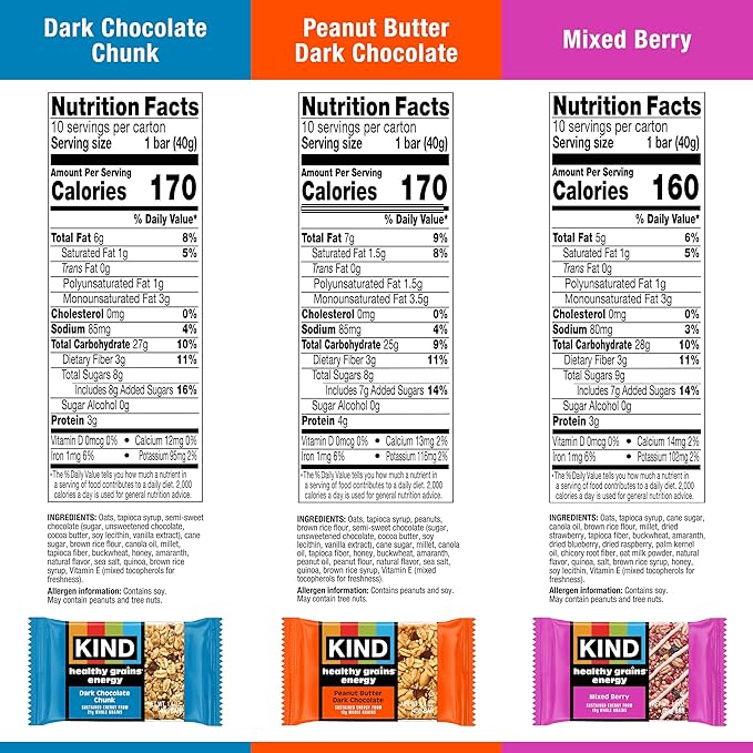 KIND Healthy Grains Energy® Bars 30ct Variety Pack Dark Chocolate Chunk Peanut Butter Dark Chocolate and Mixed Berry 18-21g Whole Grains Made with Super Grains Gluten Free Snacks