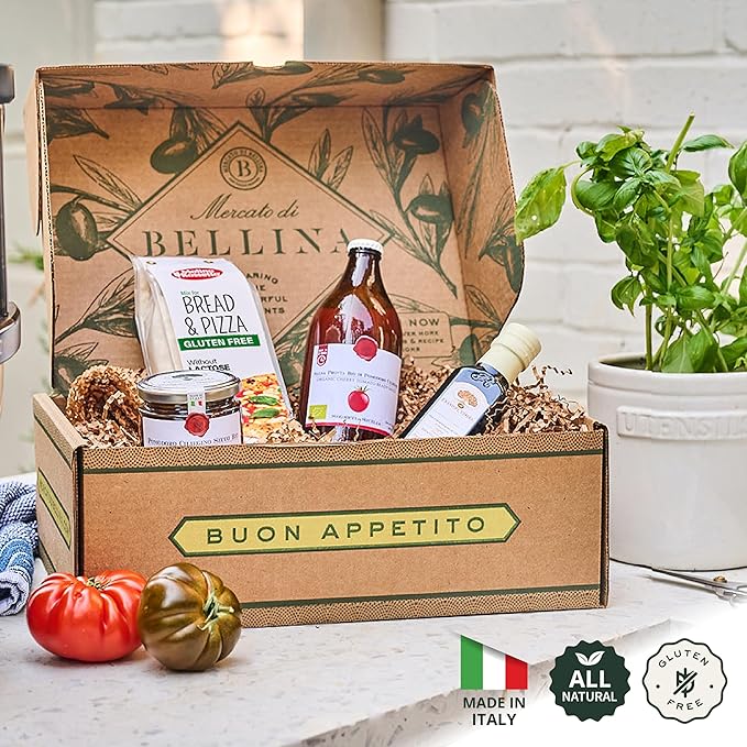 Mercato di Bellina Organic Pizza Kit Gift Basket - Authentic Homemade Gluten Free Pizza Making Kit for Home Cooks Italian Gift Basket Includes Organic Crust Mix Sauce EVOO &amp Sun-Dried Tomatoes
