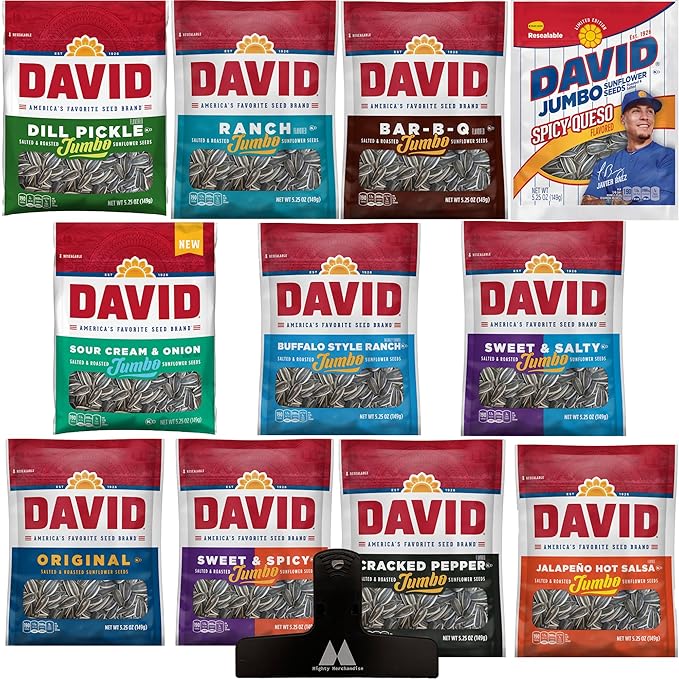 David Sunflower Seeds Variety Pack - 11 Unique Flavors - 5.25 Ounces Per Bag - With Extra Large Mighty Merchandise Bag Clip