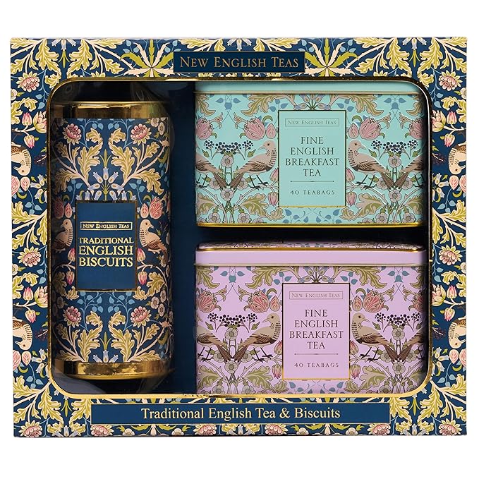 New English Teas Traditional Tea &amp Cookies Gift Set with 80 English Breakfast Teabags &amp Cornish Cookies