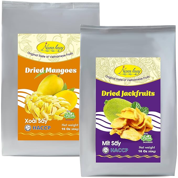NAM HUY Vietnam's Dried Jackfruit and Dried Mango Fruit Snacks Original Taste of Vietnamese Fruits No-Added Sugar or Preservatives Delicious Crispy Texture HACCP &amp Halal Certificate (Total 32O