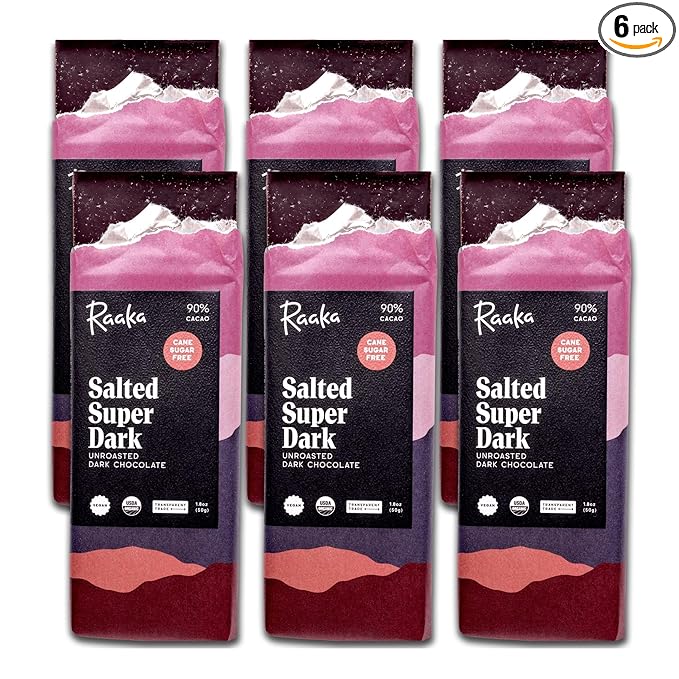 Raaka Salted Super Dark Chocolate Bars - 90% Cacao Organic Vegan Kosher Gluten Free Cane Sugar Free - Lightly Sweetened with Coconut Sugar - 1.8oz Bars 6-Pack