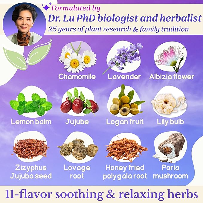 Dr. Lu’s Happy Sleep Tea | 100% Natural Calming Tea for Stress Relief | Bedtime tea for Fast Deep Restful Sleep | Handcrafted Sleepy Blend with Chamomile Lavender Lemon Balm &amp 8 More Relaxing