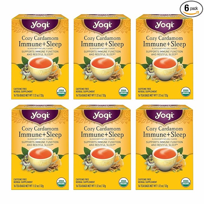Yogi Tea Cozy Cardamom Immune &amp Sleep - Organic Herbal Tea for Immune System &amp Sleep Support - Includes Ashwagandha Passionflower Reishi &amp More - Caffeine-Free - 16 Tea Bags Per Pack (6